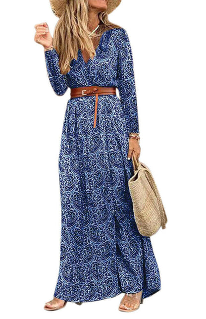 Ladies V-Neck Long Sleeve Printed Long Dress