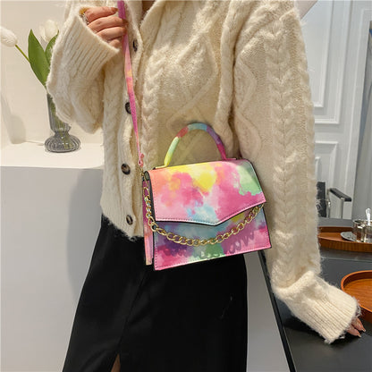 Watercolor Small Square Shoulder Crossbody Bag with Gold Chain