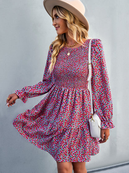 Women's round neck long sleeve versatile Floral Dress