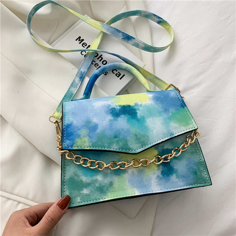 Watercolor Small Square Shoulder Crossbody Bag with Gold Chain