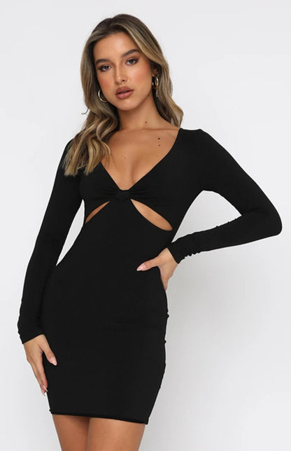 Women's Sexy Deep V-Neck Hollow Slim Long Sleeve Dress Cocktail Party Dress