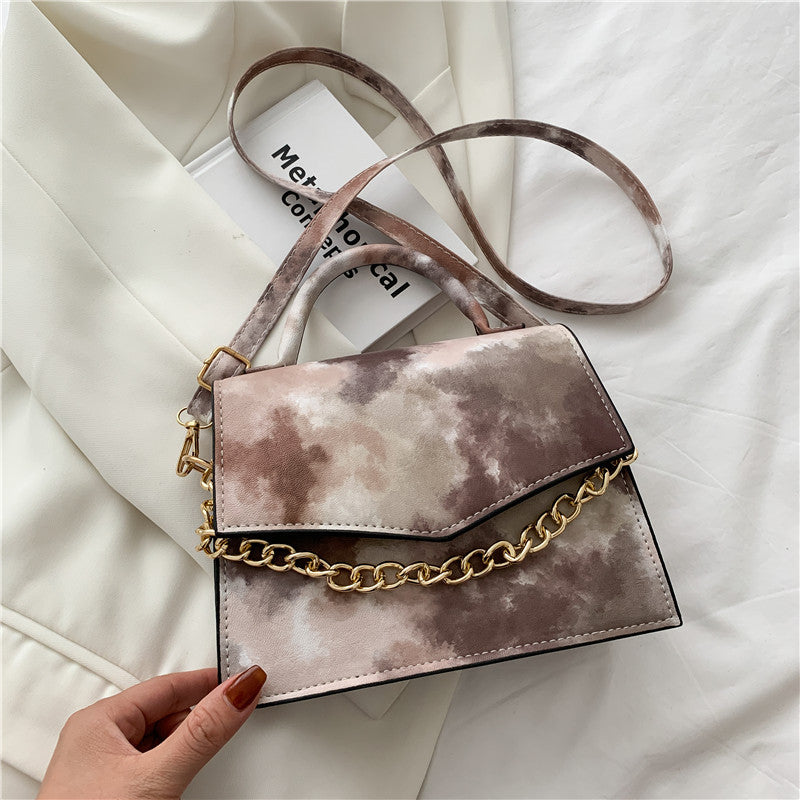 Watercolor Small Square Shoulder Crossbody Bag with Gold Chain