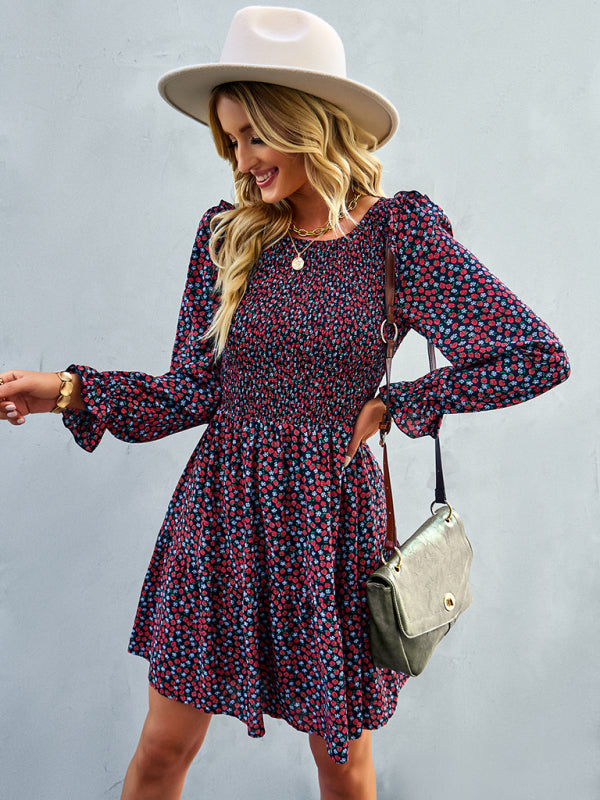 Women's round neck long sleeve versatile Floral Dress