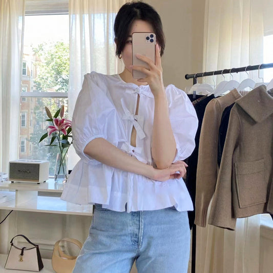 Women's Tie Puff Sleeve Waist Shirt blouse