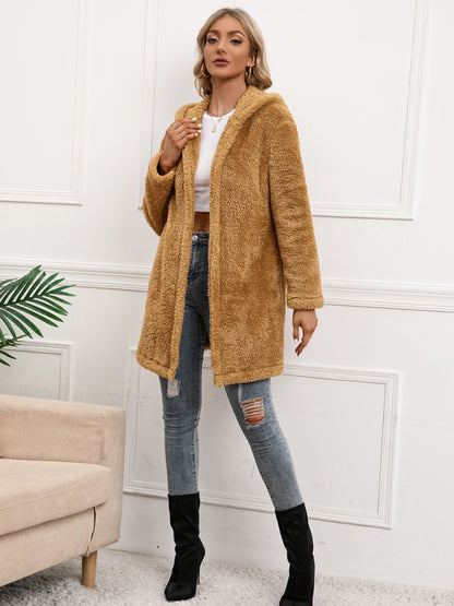 Women's Lamb Fleece Mid Length Cardigan Hooded Trench Coat