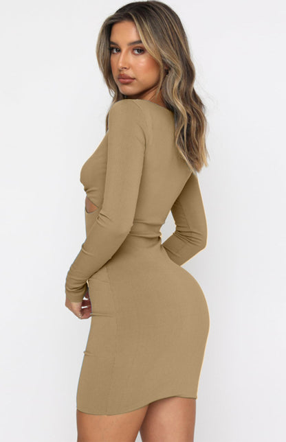 Women's Sexy Deep V-Neck Hollow Slim Long Sleeve Dress Cocktail Party Dress