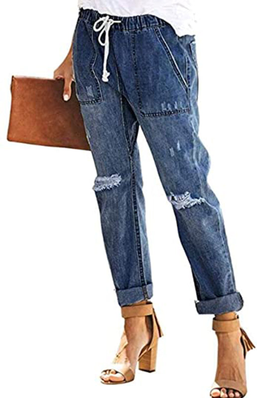 Women's  Fashion Elastic Waist Drawstring Jeans