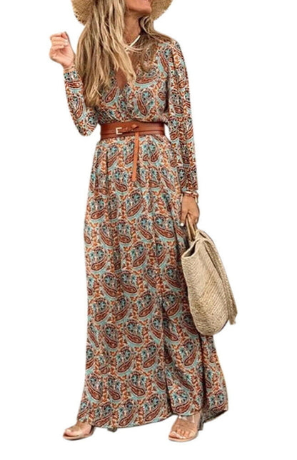 Ladies V-Neck Long Sleeve Printed Long Dress