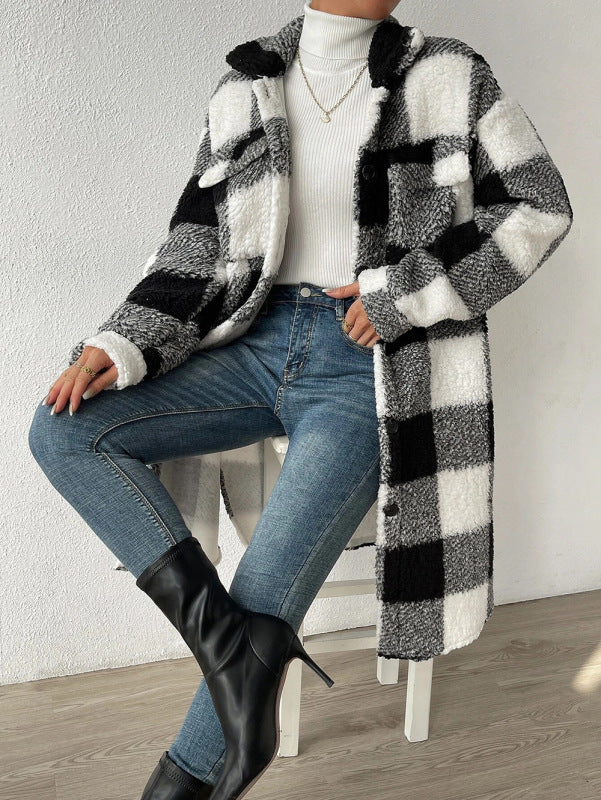 Women's Autumn and winter open buckle lapel plush plaid coat loose temperament commuter long coat