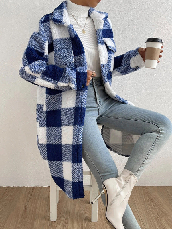 Women's Autumn and winter open buckle lapel plush plaid coat loose temperament commuter long coat