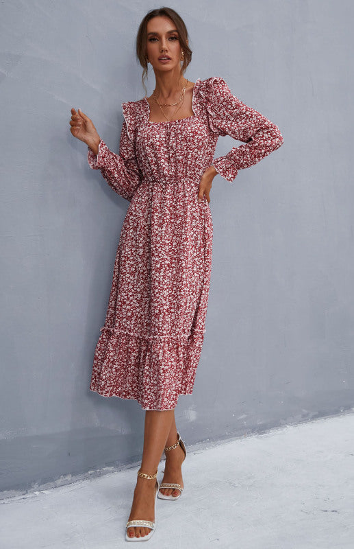 Ladies Square Neck Long Sleeve Ruffled Floral Dress