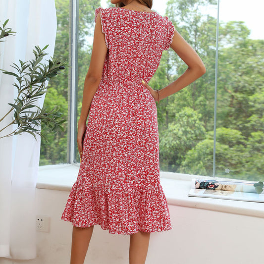 Women's European and American floral dress sleeveless print slim dress