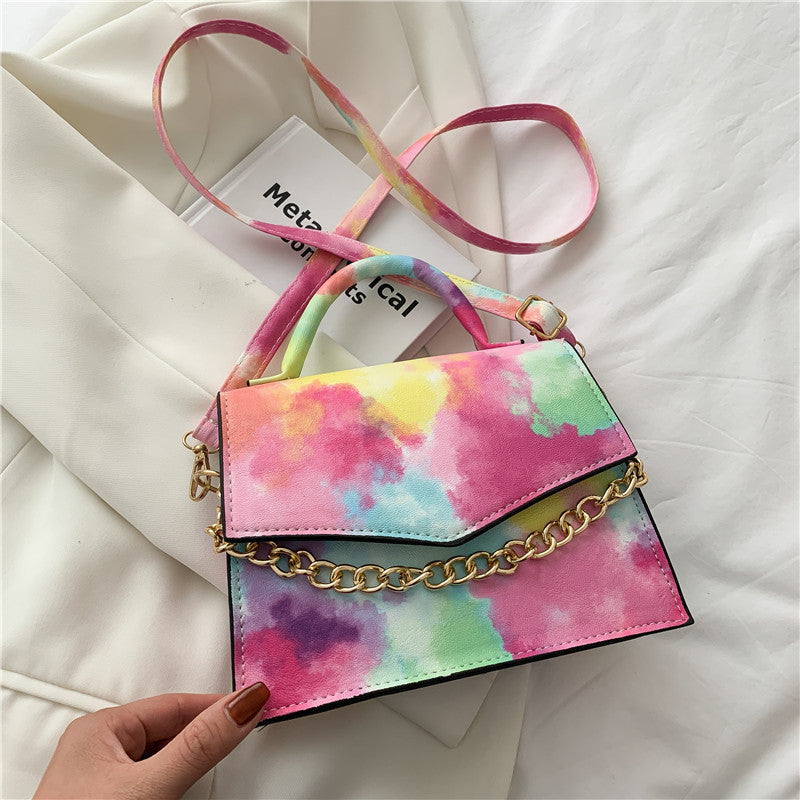 Watercolor Small Square Shoulder Crossbody Bag with Gold Chain