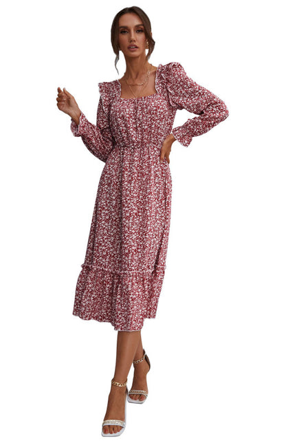 Ladies Square Neck Long Sleeve Ruffled Floral Dress