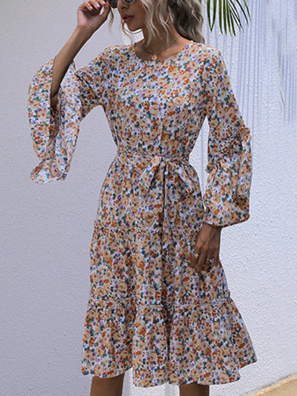 Women's round neck print lace-up long-sleeve floral dress