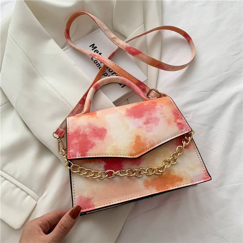 Watercolor Small Square Shoulder Crossbody Bag with Gold Chain