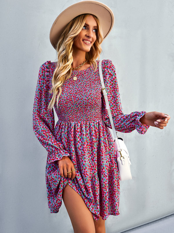 Women's round neck long sleeve versatile Floral Dress