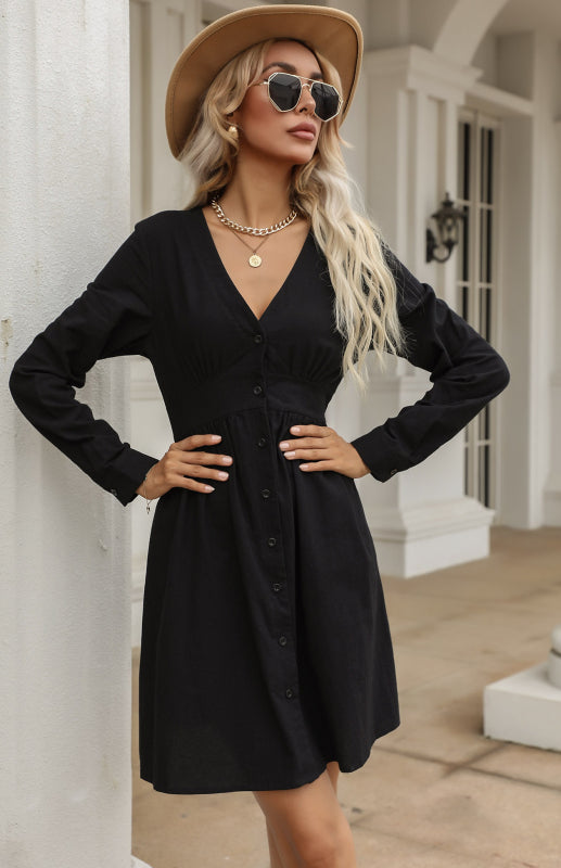 Women's Slim Shirt Dress Black V-Neck Cotton Linen Dress