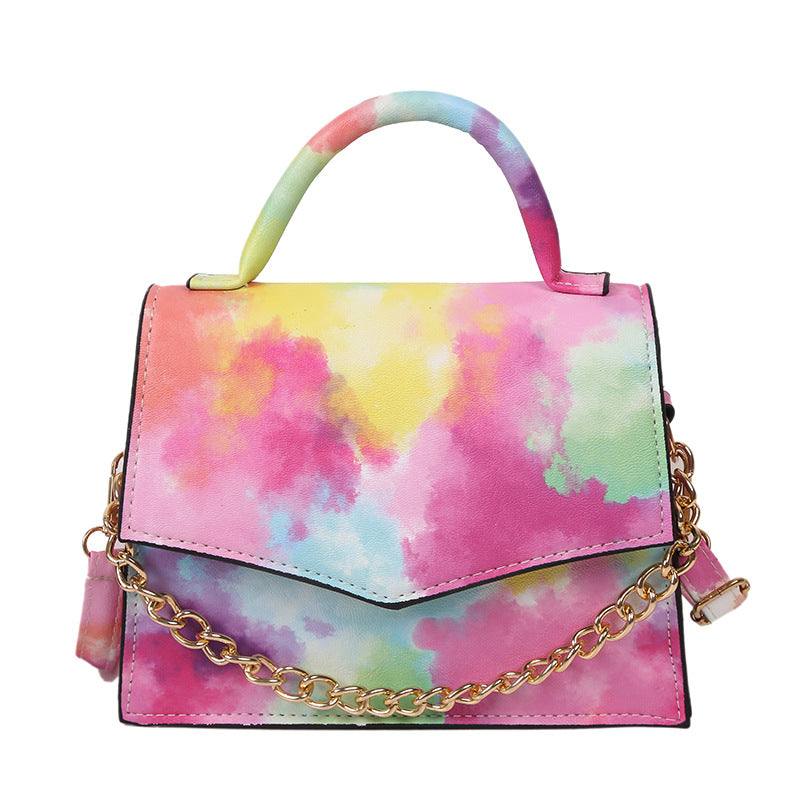 Watercolor Small Square Shoulder Crossbody Bag with Gold Chain