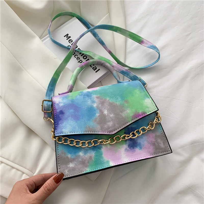 Watercolor Small Square Shoulder Crossbody Bag with Gold Chain