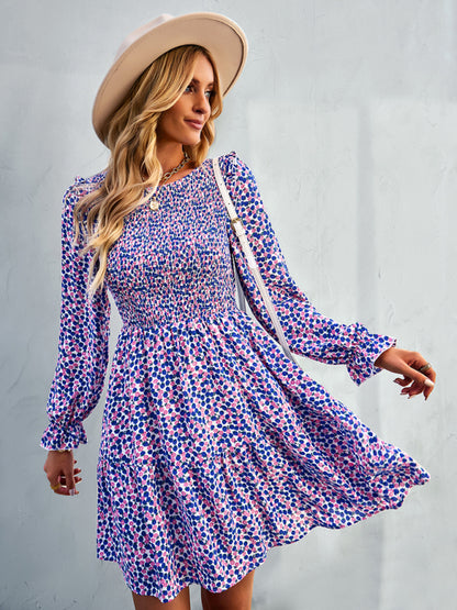 Women's round neck long sleeve versatile Floral Dress