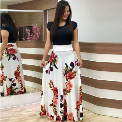 Women's Long Dress Digital Print Colorblock Short Sleeve Dress