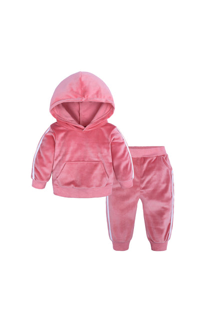 Boy's and Girl's Hooded Side Strip Gold Velvet Lounge Sets