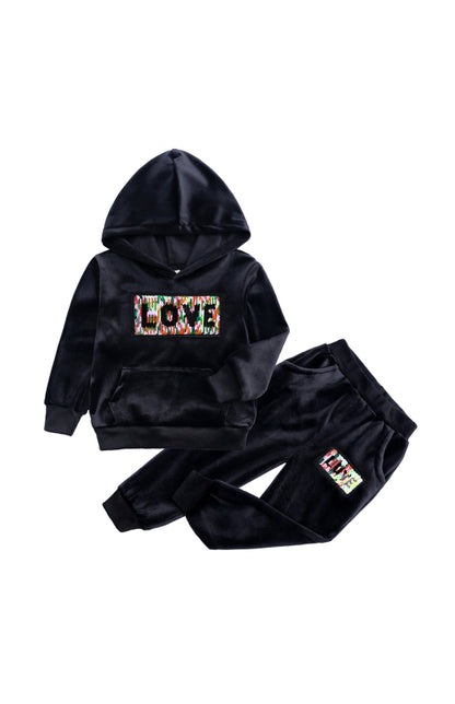 Kid's Girl's Spelling Hooded Gold Velvet Lounge Sets
