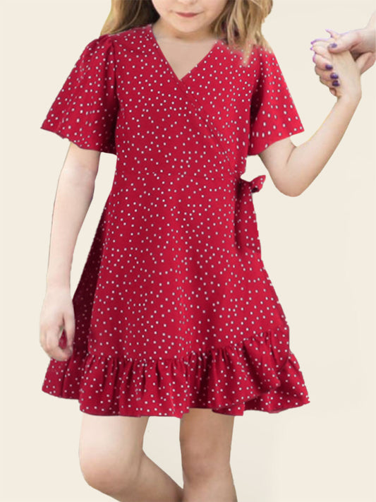 Kid's Girls  Polka Dot Ruffle Hem Wrap Dress