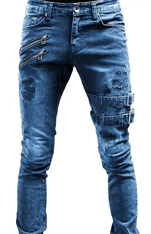 tylish Men's Mid Waist Ripped Slim Jeans - Trendy Denim Apparel for a Modern Look.