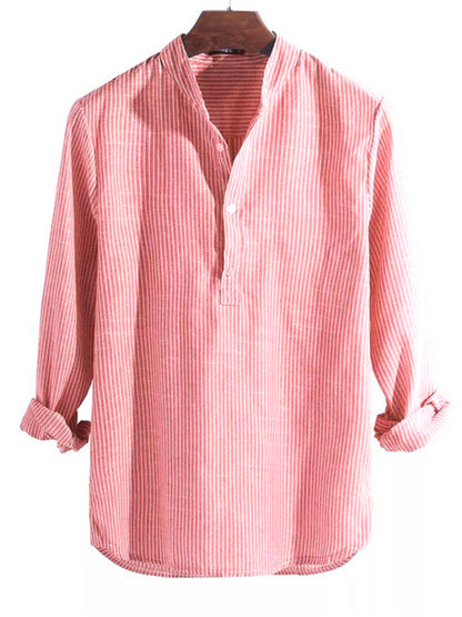 Men's Crew Neck Button Up Stripe Long Sleeve Shirt