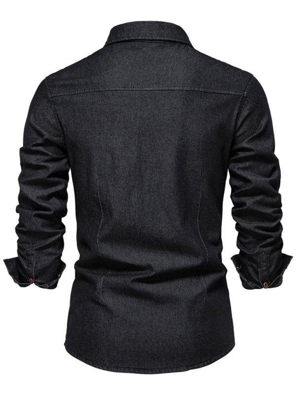 Men's Denim non-iron shirt men's casual solid color non-iron long-sleeved shirt