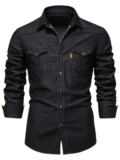 Men's Denim non-iron shirt men's casual solid color non-iron long-sleeved shirt