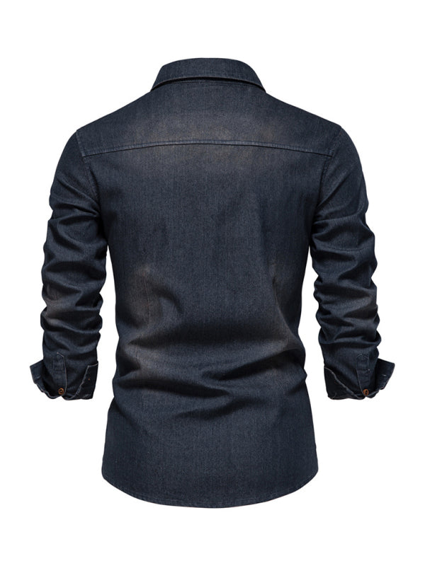 Men's Denim non-iron shirt men's casual solid color non-iron long-sleeved shirt