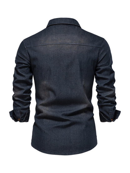 Men's Denim non-iron shirt men's casual solid color non-iron long-sleeved shirt