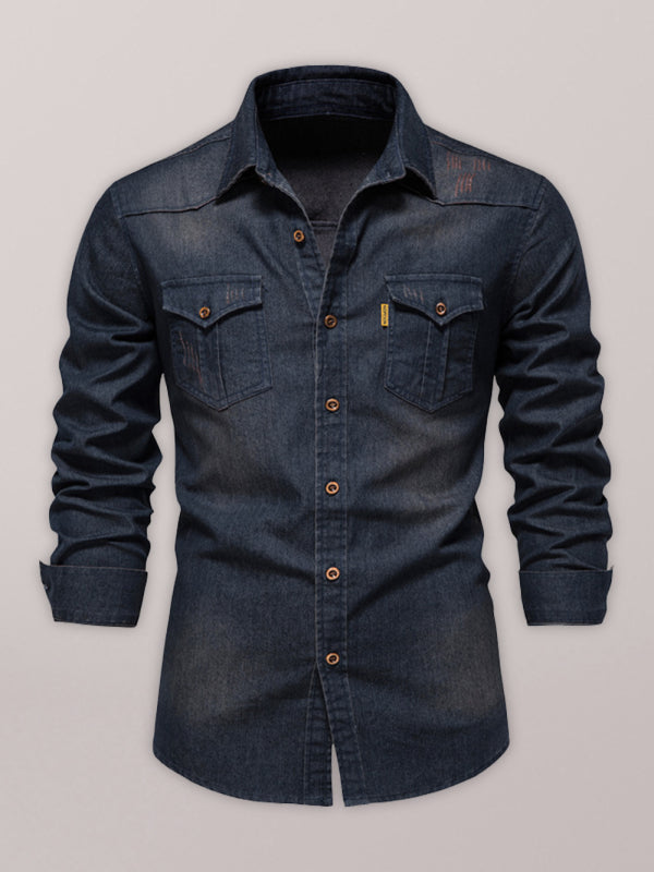 Men's Denim non-iron shirt men's casual solid color non-iron long-sleeved shirt