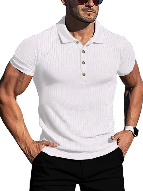 New Men's High Stretch Vertical Stripe Long Sleeve POLO Shirt Slim Fit Short Sleeve Polo Shirt