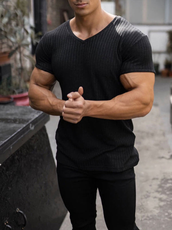 Men's Rib-knit V-neck Short-sleeve T-shirt