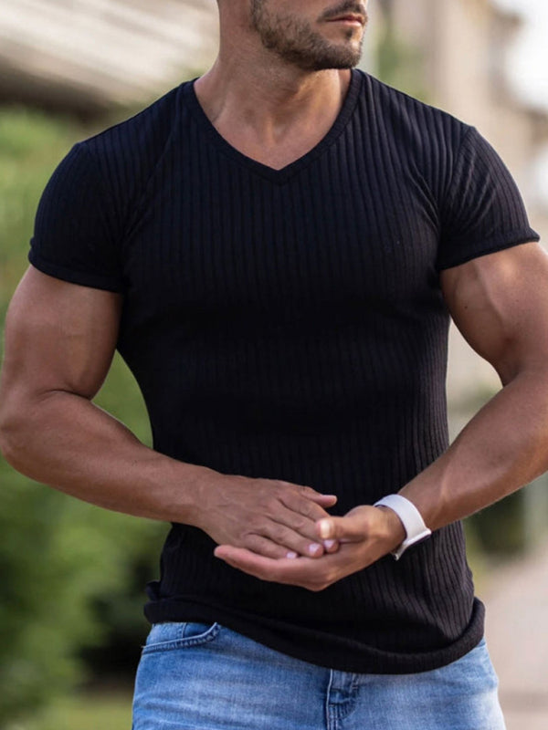 Men's Rib-knit V-neck Short-sleeve T-shirt