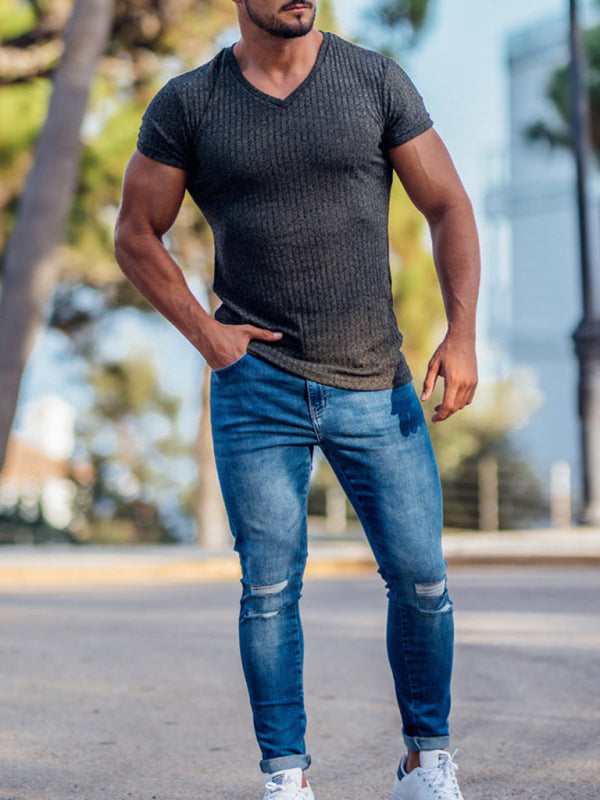Men's Rib-knit V-neck Short-sleeve T-shirt