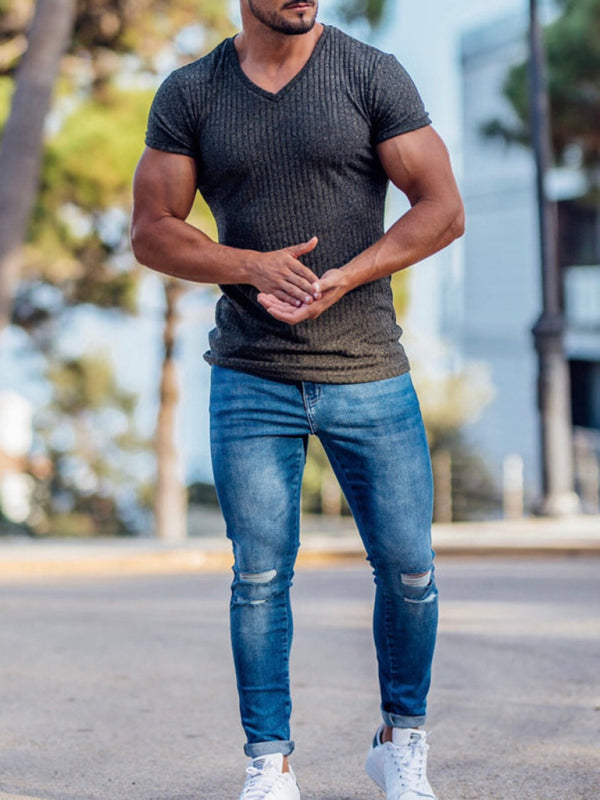 Men's Rib-knit V-neck Short-sleeve T-shirt