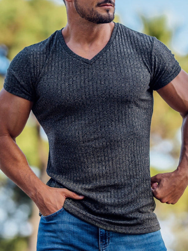 Men's Rib-knit V-neck Short-sleeve T-shirt