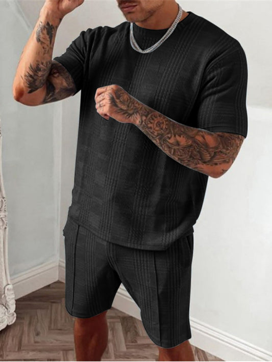 Men's casual plaid short-sleeved T-shirt + shorts two-piece set