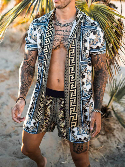 Men's printed lapel short-sleeved shirt + shorts casual suit