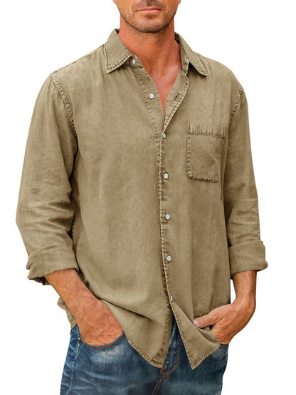 Men's Casual Solid Color Long Sleeve Shirt Slim Fit Lapel Shirt