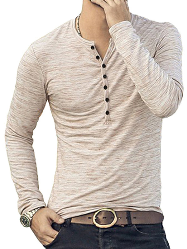 Men's fashion open placket slub silk long-sleeved T-shirt