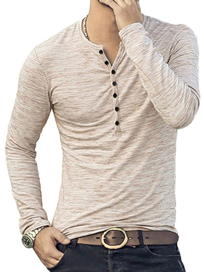 Men's fashion open placket slub silk long-sleeved T-shirt