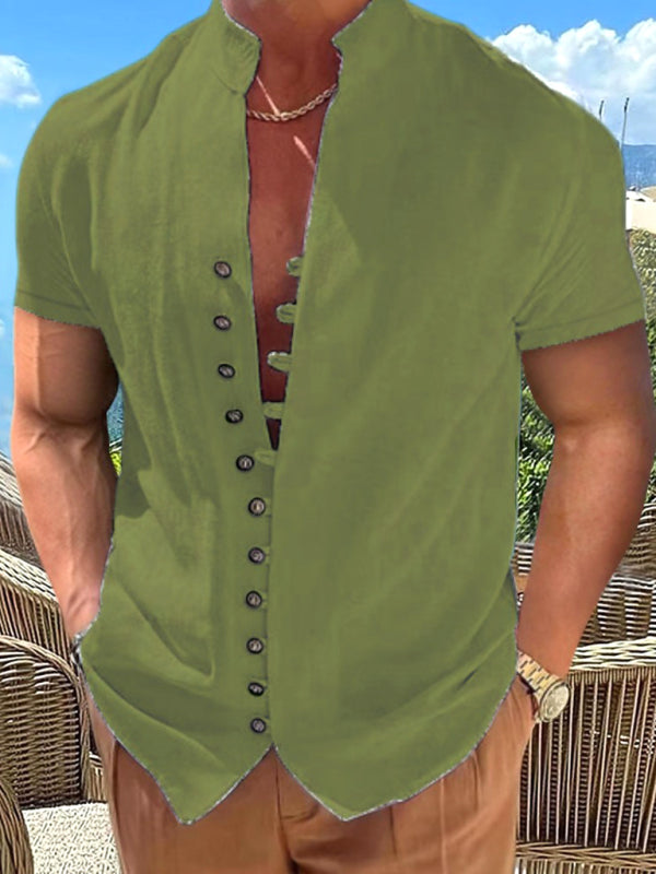 Men's  Vintage Button Stand Collar Short Sleeve Shirt