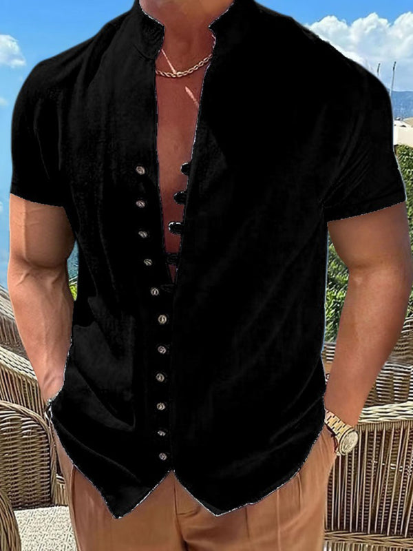 Men's  Vintage Button Stand Collar Short Sleeve Shirt
