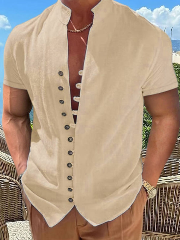 Men's  Vintage Button Stand Collar Short Sleeve Shirt